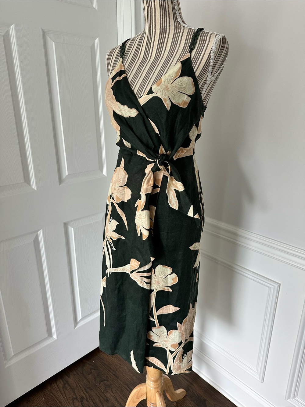 REISS Alice 100% Linen Floral Wrap Midi Dress Green Size 2
